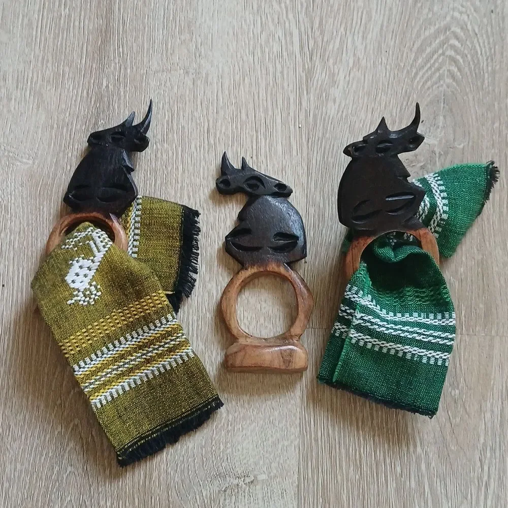 Vintage 80's Hand Carved Napkin Rings Wood Polished Artisan Ethnic Rhino Animals